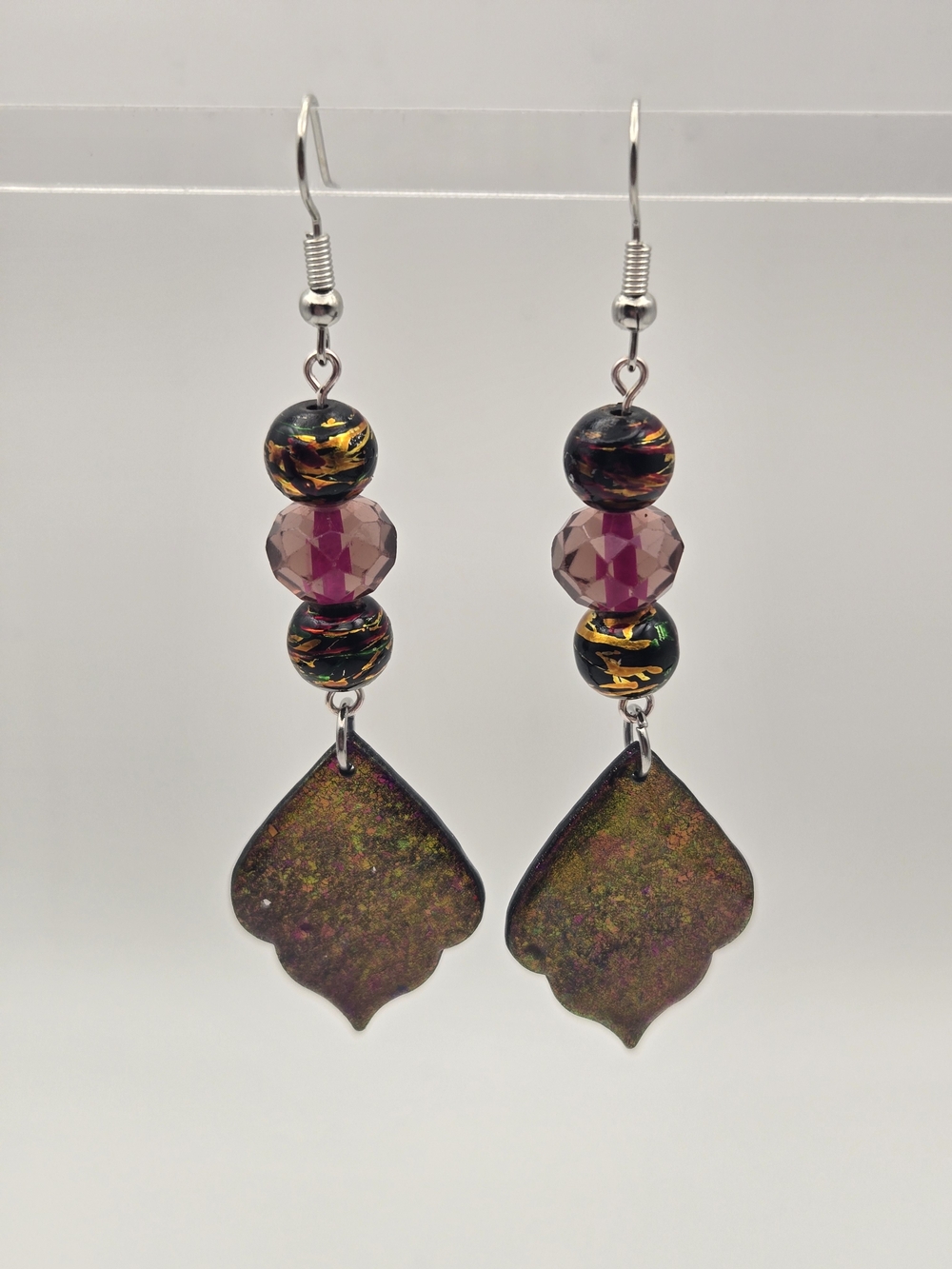 #B508- Multicolor Pink Bead Drop Earrings with Iridescent Leaf Pendants
